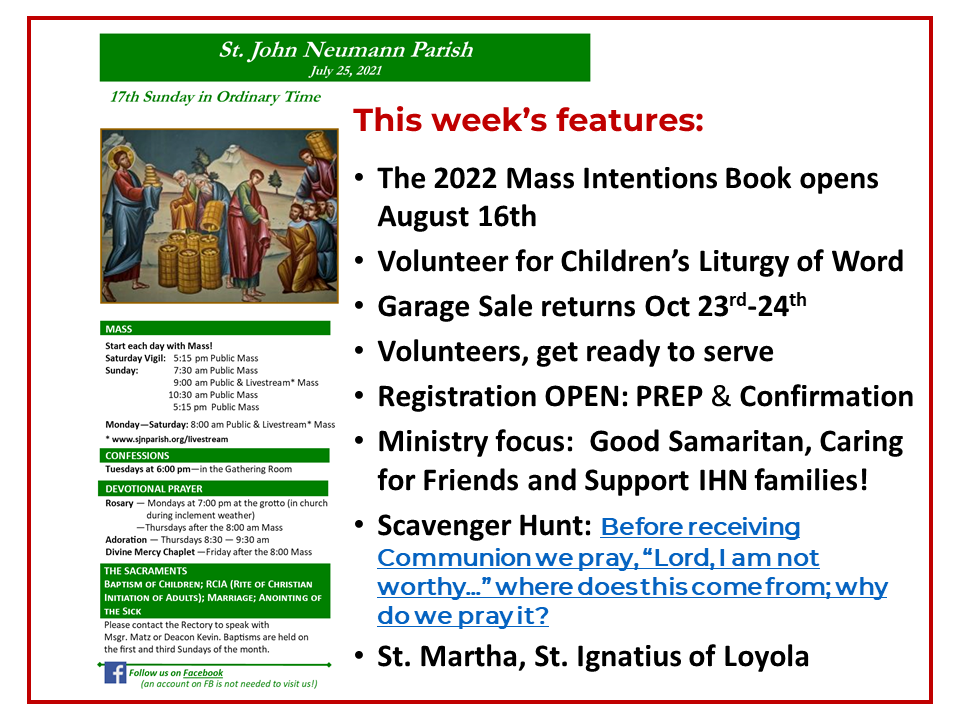 Bulletin Cover 20210725 St. John Neumann Parish Bryn Mawr, PA