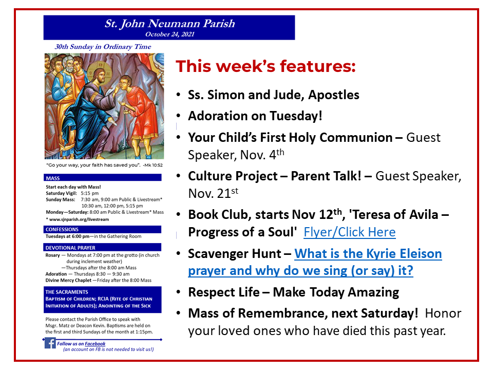 Bulletin Cover 20211024 St. John Neumann Parish Bryn Mawr, PA